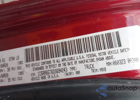 2013 Ram 1500 Big Horn z USA, uszkodzony, nr VIN 1C6RR6GT6DS694243